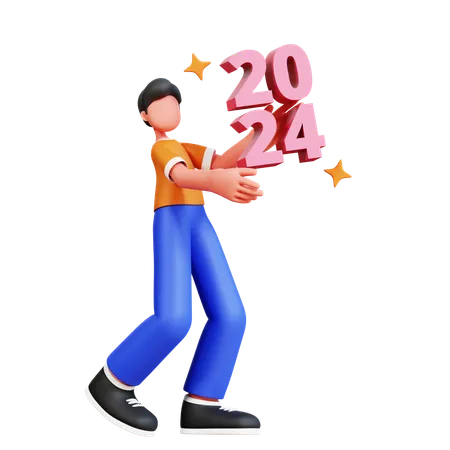 Man Holding New Year 2024  3D Illustration