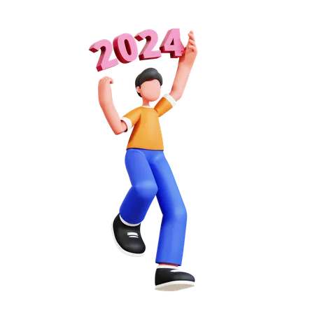 Man Holding New Year 2024 Number  3D Illustration