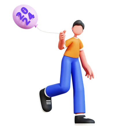 Man Holding New Year Balloon  3D Illustration