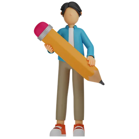 3 D Character Man Holding A Pencil 3D Illustration