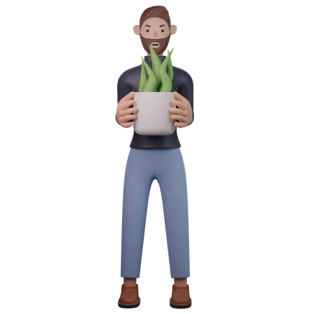 Man holding potted plant  3D Illustration