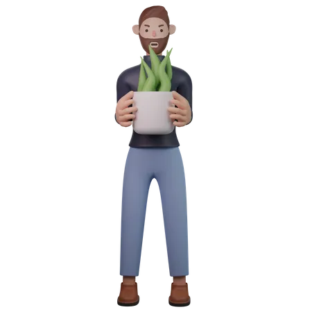 Man holding potted plant 3D Illustration