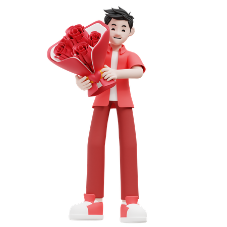 Man Holding Rose Bouquet  3D Icon