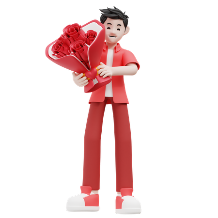 Man Holding Rose Bouquet  3D Illustration