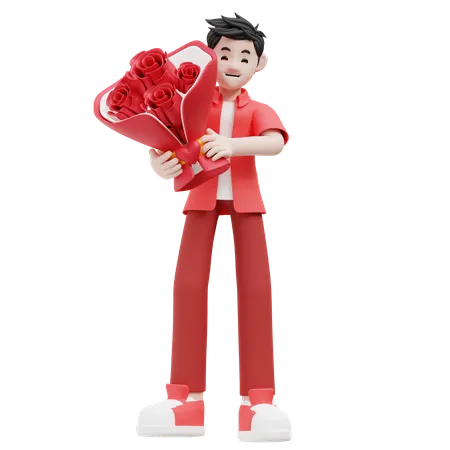 Man Holding Rose Bouquet  3D Illustration