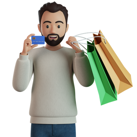 Man Holding Shopping Bags And Showing Credit Card  3D Icon
