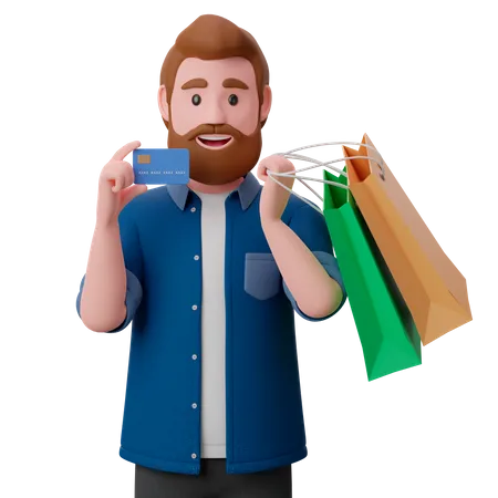 Man holding shopping bags and showing credit card  3D Illustration