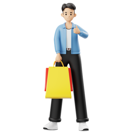 Man Holding Shopping Bags Giving Thumbs Up Gesture  3D Illustration