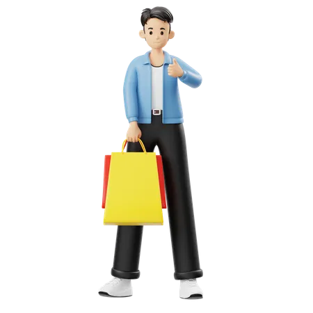 Man Holding Shopping Bags Giving Thumbs Up Gesture  3D Illustration