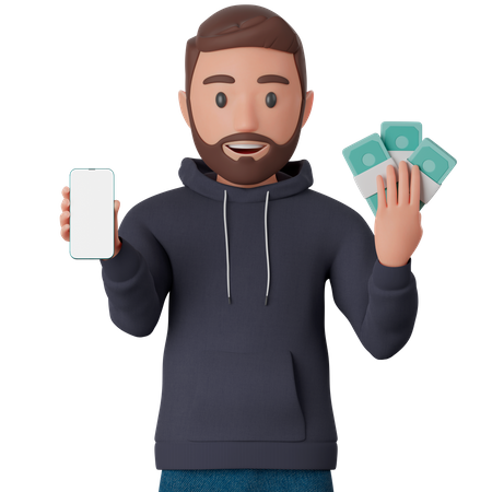 Man holding  smart phone and bunch of cash  3D Icon