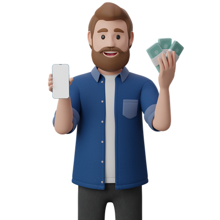 Man Holding Smart Phone And Bunch Of Cash  3D Illustration