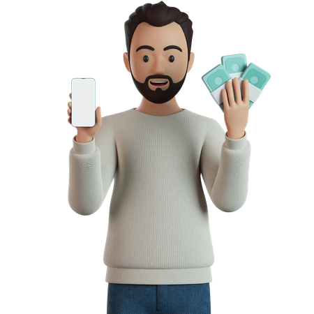 Man Holding Smartphone And Bunch Of Cash  3D Icon