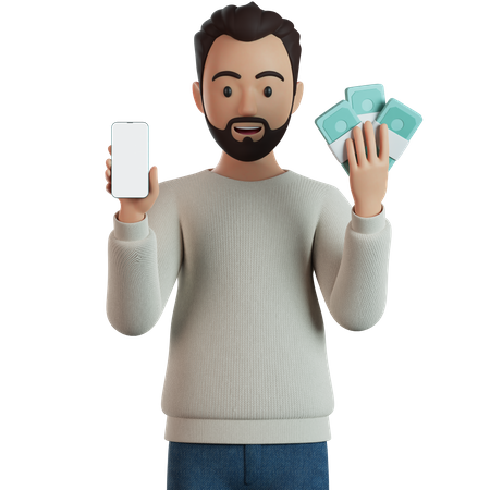 Man Holding Smartphone And Bunch Of Cash  3D Illustration