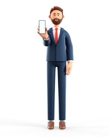 3 D Illustration Of Standing Man Holding Smartphone And Showing Blank Screen Cartoon Smiling Businessman Demonstrating Empty Phone Display 3D Illustration