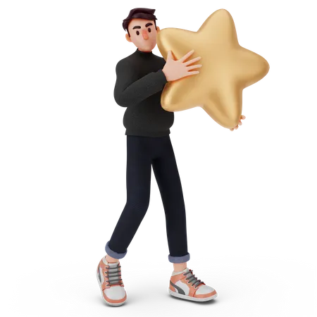Man holding star and walking  3D Illustration