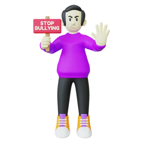 Man Holding Stop Bullying Signboard 3D Illustration