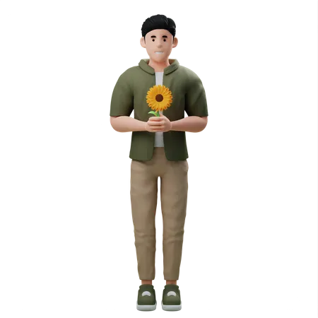 Man Holding Sunflower  3D Illustration