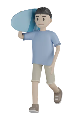 Man Holding Surf Board  3D Illustration