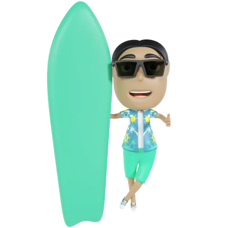 Man Holding Surfboard 3D Illustration