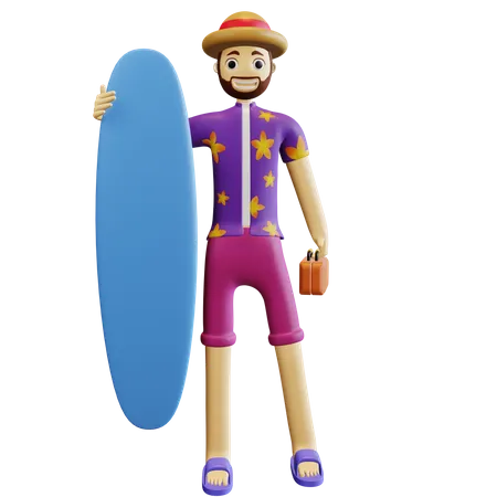 Man holding surfboard 3D Illustration