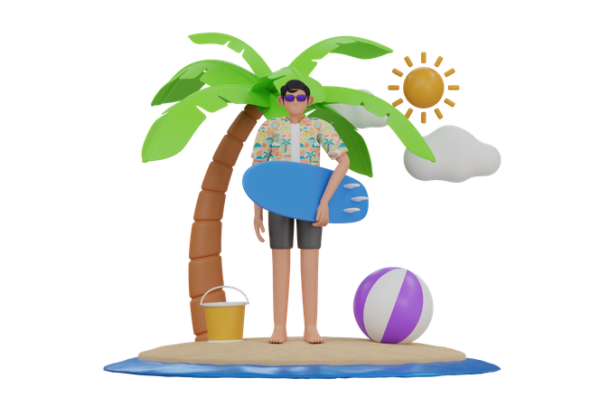 Man holding surfing board  3D Illustration