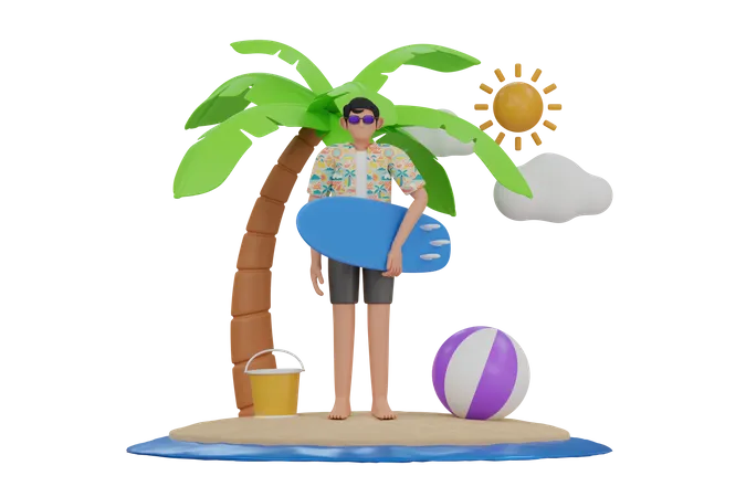 Man holding surfing board  3D Illustration