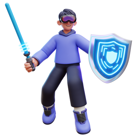 Man Holding Sword and Shield  3D Illustration