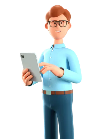 3 D Illustration Of Standing Happy Man Holding Tablet Close Up Portrait Of Cute Cartoon Smiling Businessman Using Gadget Communication Working In Office Concept 3D Illustration
