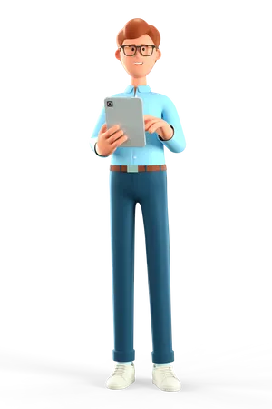 3 D Illustration Of Standing Happy Man Holding Tablet Cute Cartoon Smiling Businessman Or Freelancer Using Gadget Communication Working In Office Concept 3D Illustration