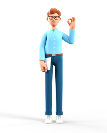 Man holding tablet with ok gesture showing 3D Illustration