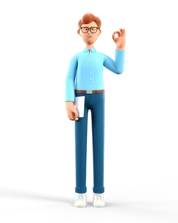 3 D Illustration Of Standing Man With Ok Gesture Showing Cute Cartoon Smiling Businessman With Okay Sign Holding Tablet 3D Illustration