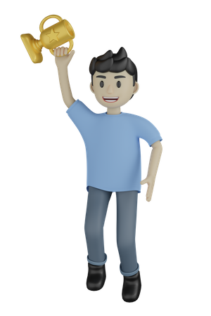 Man Holding Trophy Cup  3D Illustration