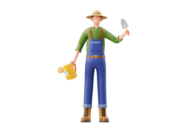 Man Holding Trowel And Water Can  3D Icon