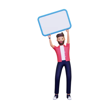 Man holding up a white board  3D Illustration