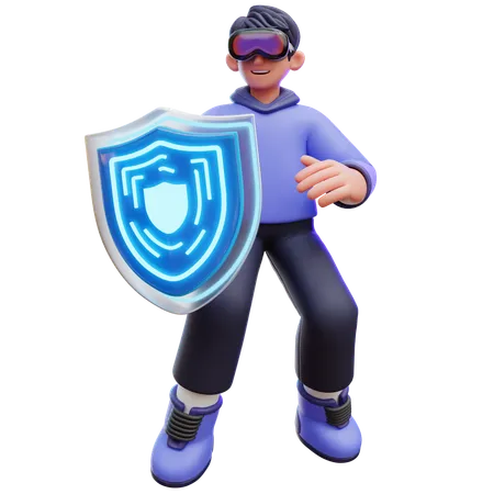 Man Holding Virtual Shield  3D Illustration