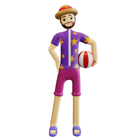 Man Holding Volleyball on Beach  3D Illustration