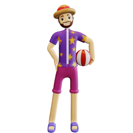 Man Holding Volleyball on Beach  3D Illustration