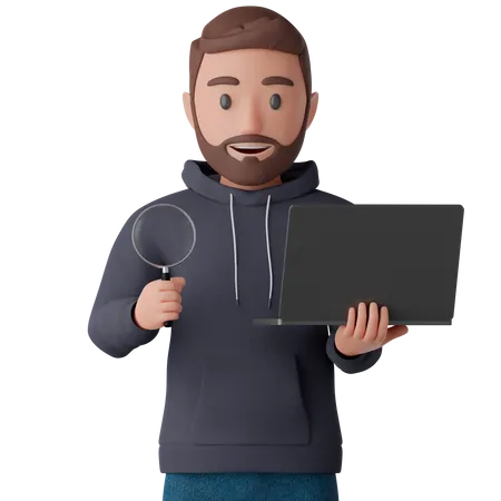 Man holds a magnifying glass and a laptop in his hand  3D Illustration