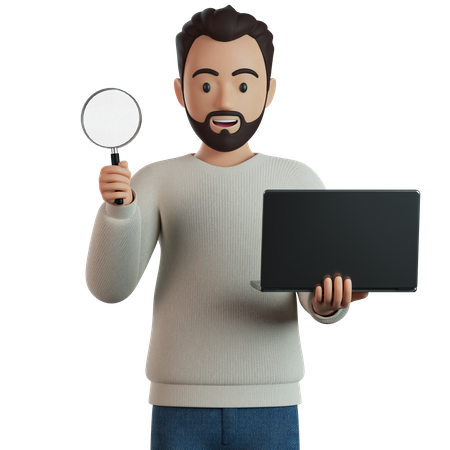 Man Holds A Magnifying Glass And A Laptop In His Hand  3D Icon