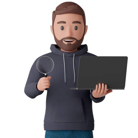 Man holds a magnifying glass and a laptop in his hand  3D Icon