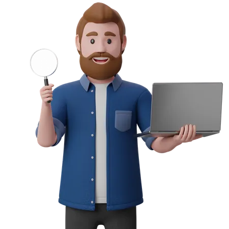Man holds a magnifying glass and a laptop in his hand  3D Illustration