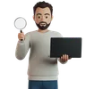 Man Holds A Magnifying Glass And A Laptop In His Hand