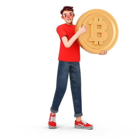 Man holds bitcoin  3D Illustration