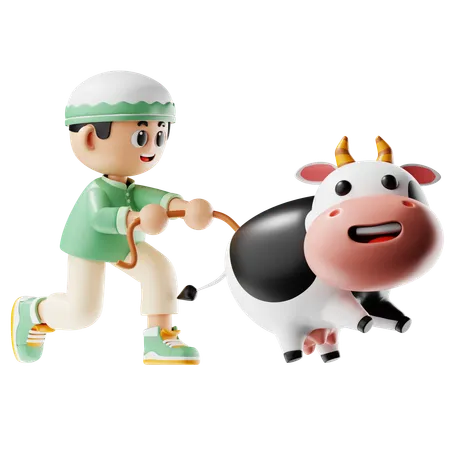 Man Holds Cows Tail  3D Illustration