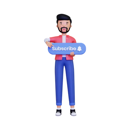 Man holds the subscribe button while pointing  3D Illustration