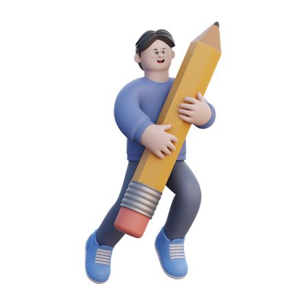 Man Hugging Pencil  3D Illustration