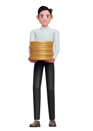 Man in a blue shirt carry piles of gold coins  3D Icon