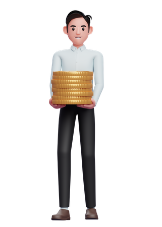 Man in a blue shirt carry piles of gold coins 3D Illustration