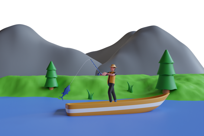 Man in hat with fishing rod  3D Icon