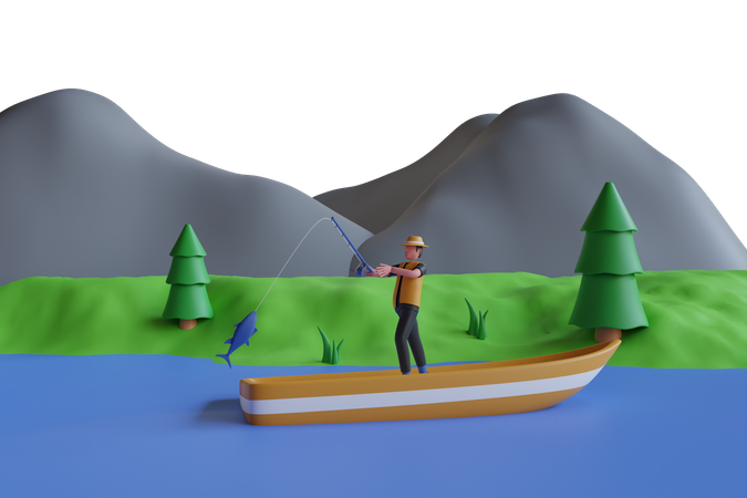 Man in hat with fishing rod  3D Illustration